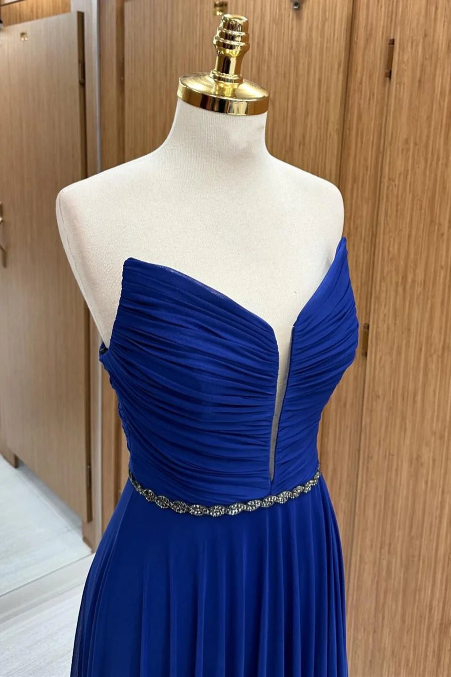 Royal Blue Chiffon Deep V Neck Strapless Bridesmaid Dresses With Beaded Sash