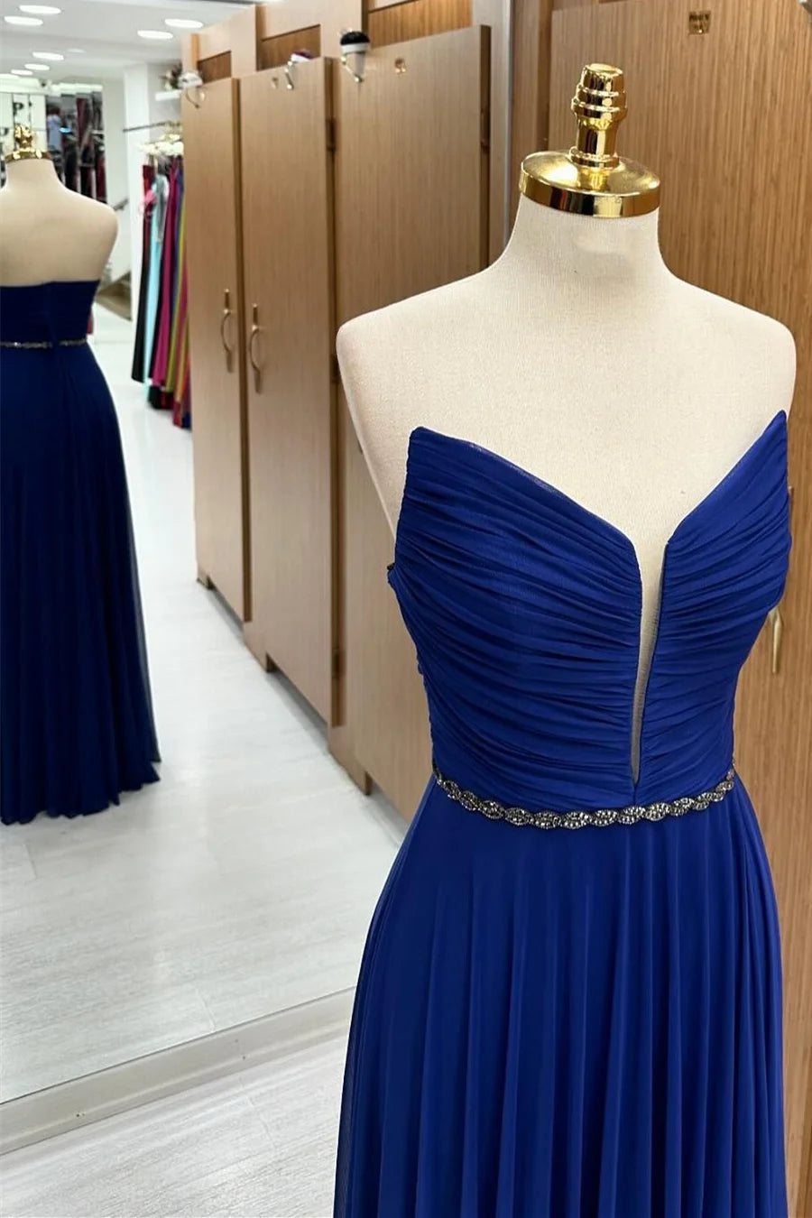 Royal Blue Chiffon Deep V Neck Strapless Bridesmaid Dresses With Beaded Sash