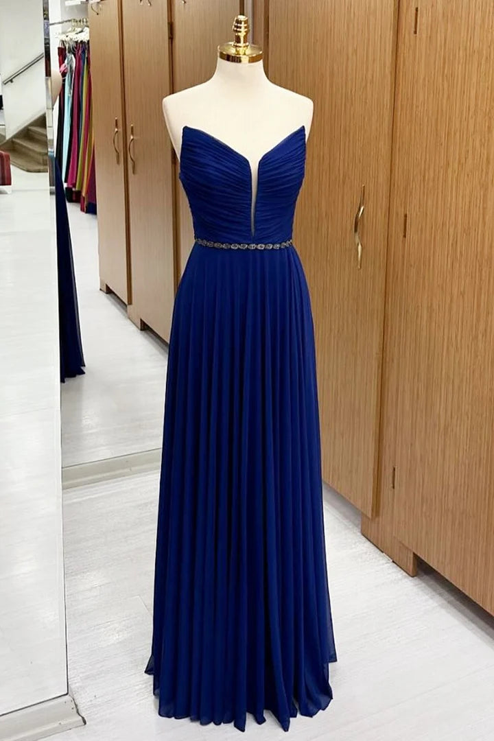 Royal Blue Chiffon Deep V Neck Strapless Bridesmaid Dresses With Beaded Sash