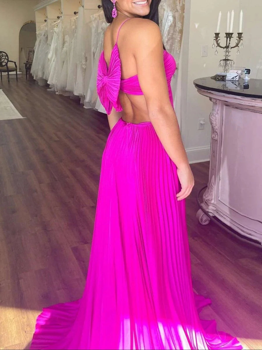 Royal Blue Chiffon Pleated A-Line Straps Long Evening Dress Formal Dress With Bow Back