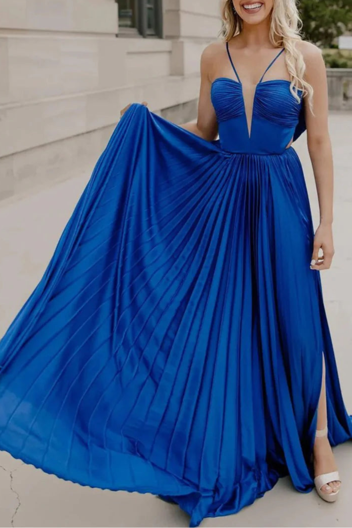 Royal Blue Chiffon Pleated A-Line Straps Long Evening Dress Formal Dress With Bow Back