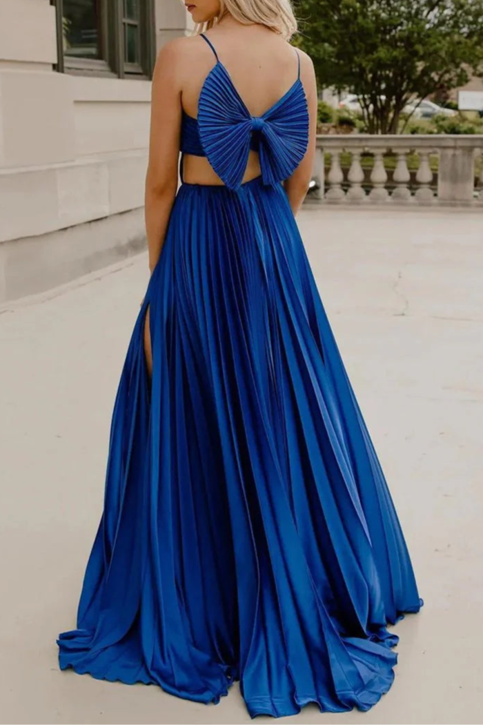 Royal Blue Chiffon Pleated A-Line Straps Long Evening Dress Formal Dress With Bow Back