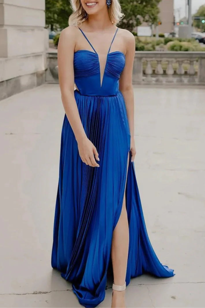Royal Blue Chiffon Pleated A-Line Straps Long Evening Dress Formal Dress With Bow Back