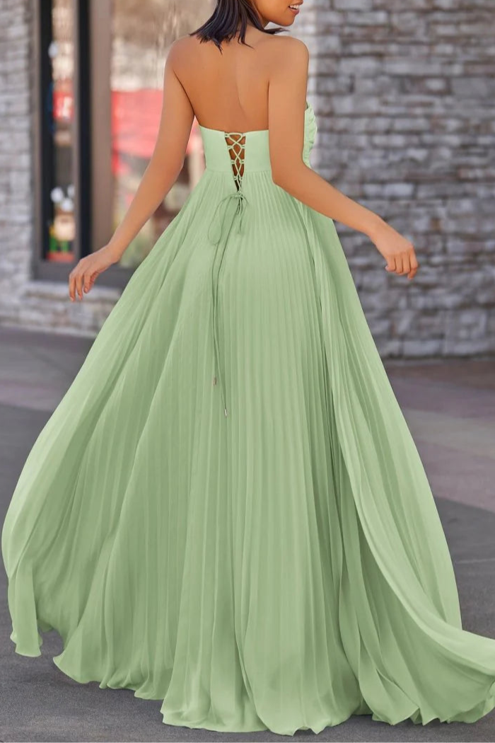 Royal Blue Chiffon Pleated A Line Open Back Strapless Floor Length Long Prom Dress