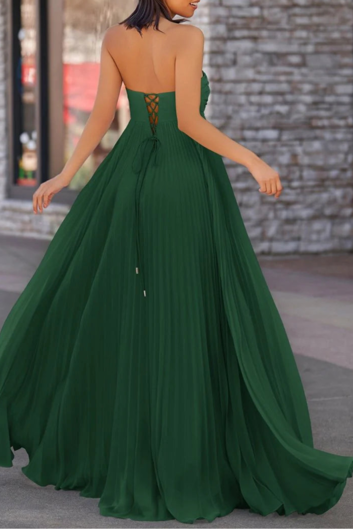 Royal Blue Chiffon Pleated A Line Open Back Strapless Floor Length Long Prom Dress