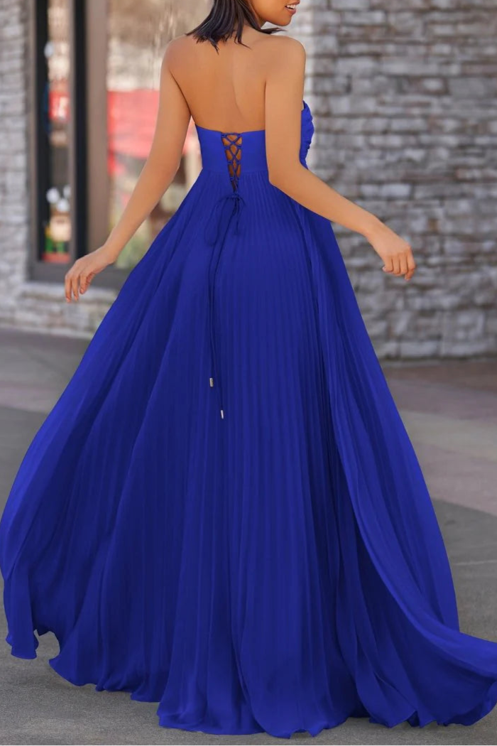 Royal Blue Chiffon Pleated A Line Open Back Strapless Floor Length Long Prom Dress