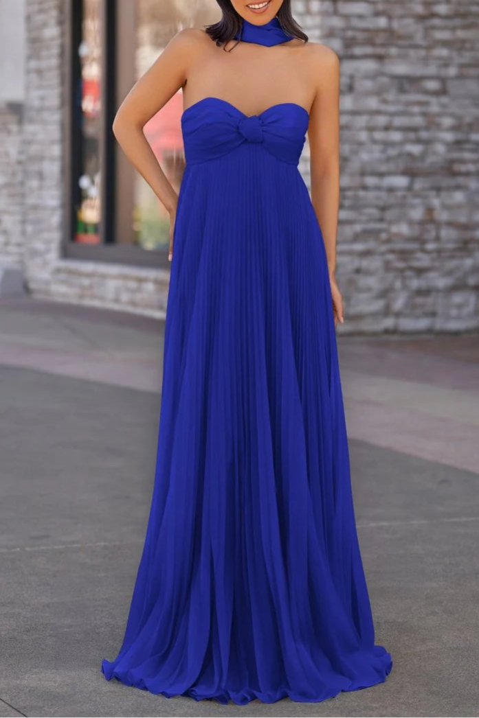 Royal Blue Chiffon Pleated A Line Open Back Strapless Floor Length Long Prom Dress