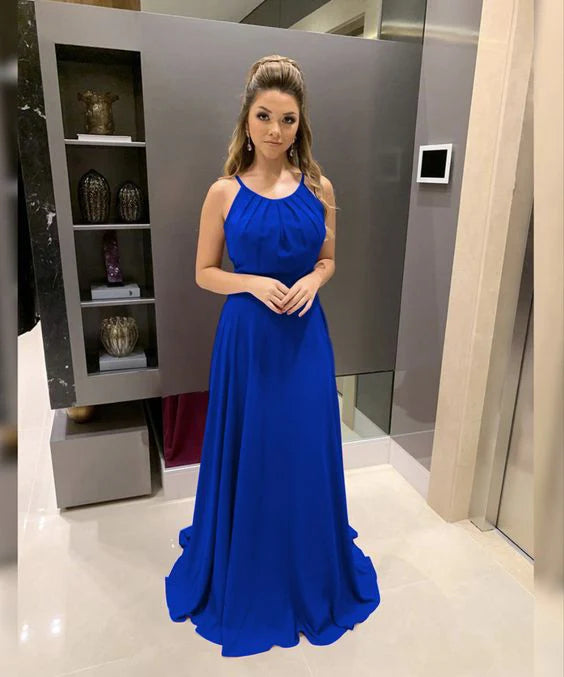 Royal Blue Chiffon Round Neck Pleated Backless Long Bridesmaid Dresses Prom Dress Evening Dress
