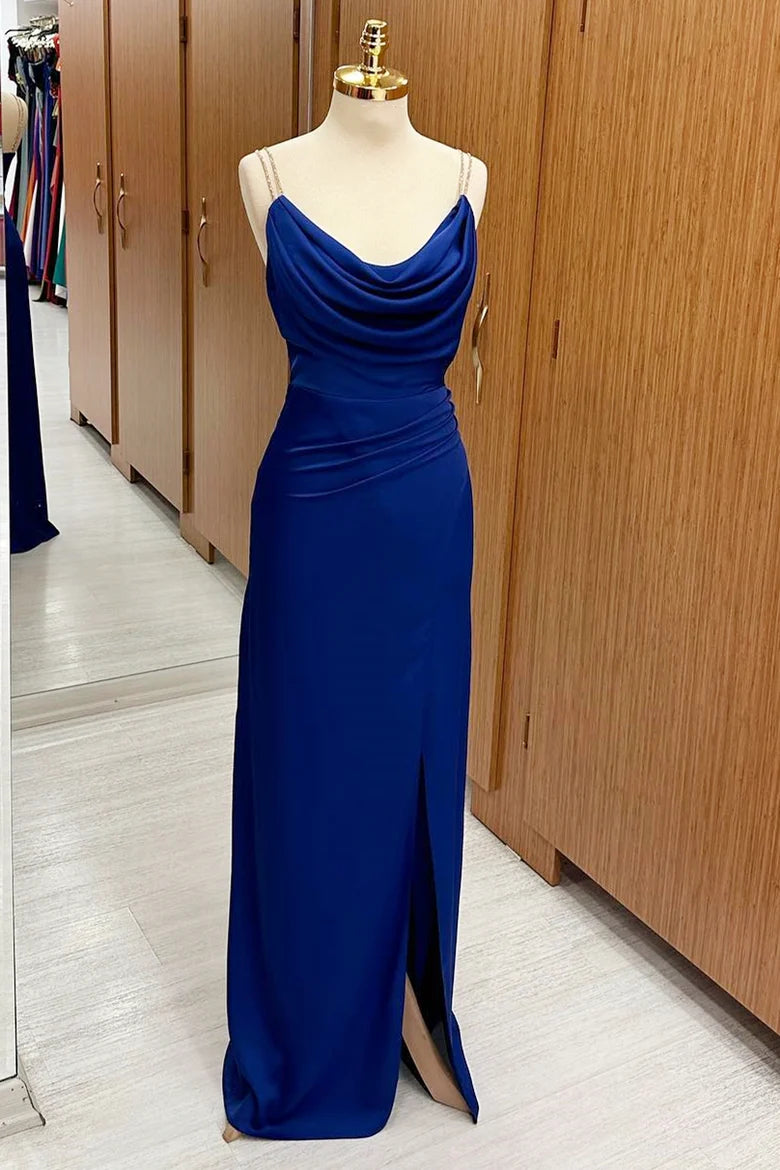 Royal Blue Cowl Neck Sheath Bridesmaid Dresses With Slit