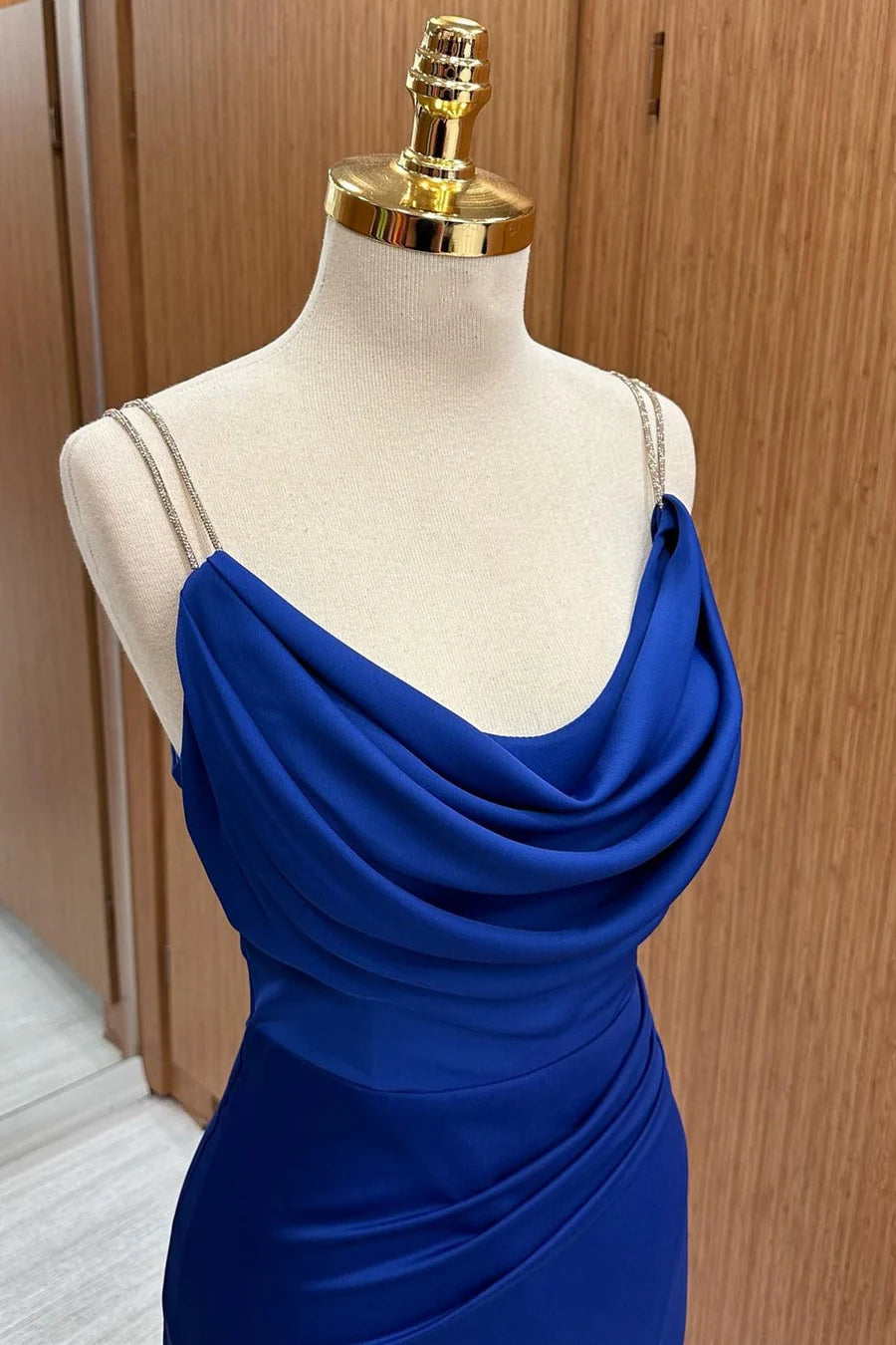 Royal Blue Cowl Neck Sheath Bridesmaid Dresses With Slit