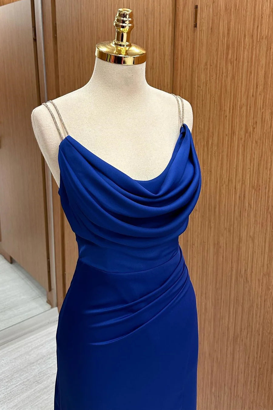 Royal Blue Cowl Neck Sheath Bridesmaid Dresses With Slit