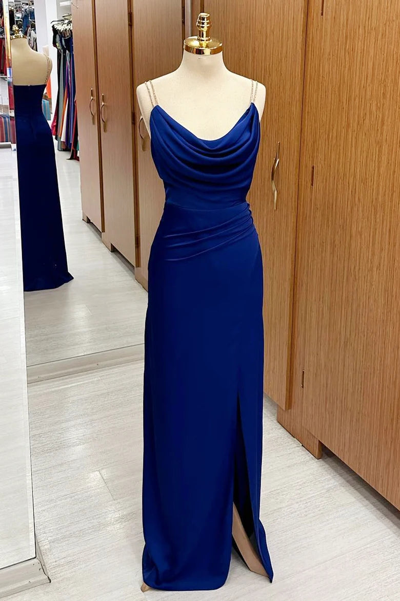 Royal Blue Cowl Neck Sheath Bridesmaid Dresses With Slit