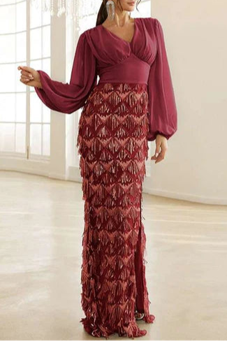 Royal Blue Fringes V-Neck Long Sleeves Long Cocktail Dress With Side High Slit