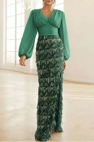 Royal Blue Fringes V-Neck Long Sleeves Long Cocktail Dress With Side High Slit