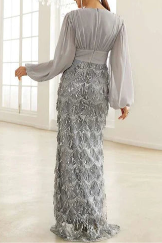 Royal Blue Fringes V-Neck Long Sleeves Long Cocktail Dress With Side High Slit