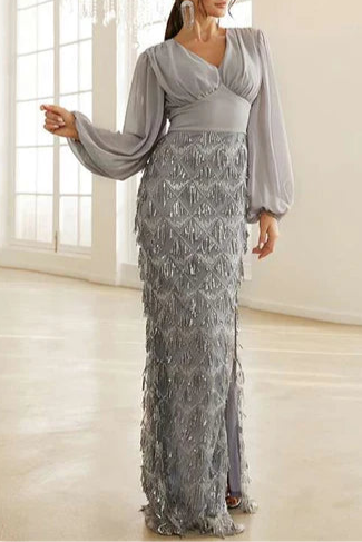 Royal Blue Fringes V-Neck Long Sleeves Long Cocktail Dress With Side High Slit