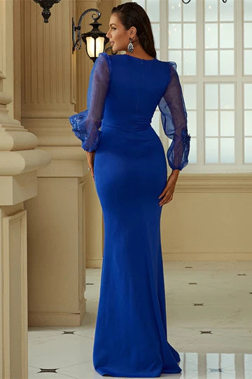 Royal Blue Long Sleeve Floor Length Mermaid Formal Dress Evening Dress