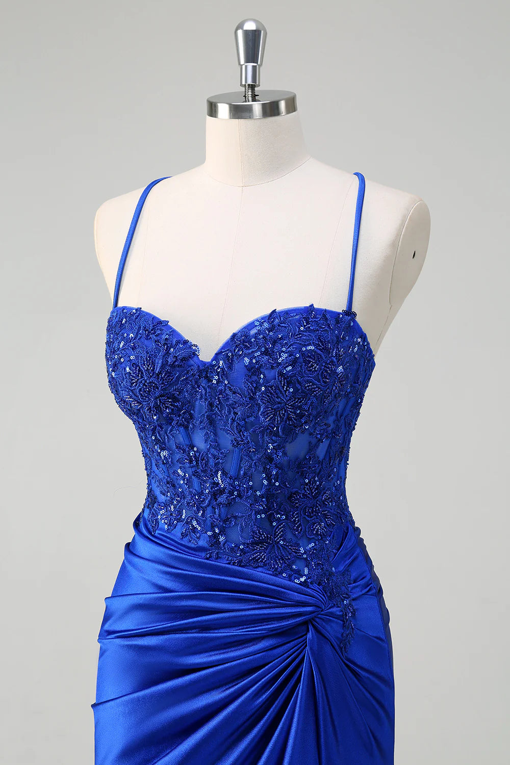 Royal Blue Pleated Applique Lace-Up Mermaid Spaghetti Straps Prom Dress With High Slit