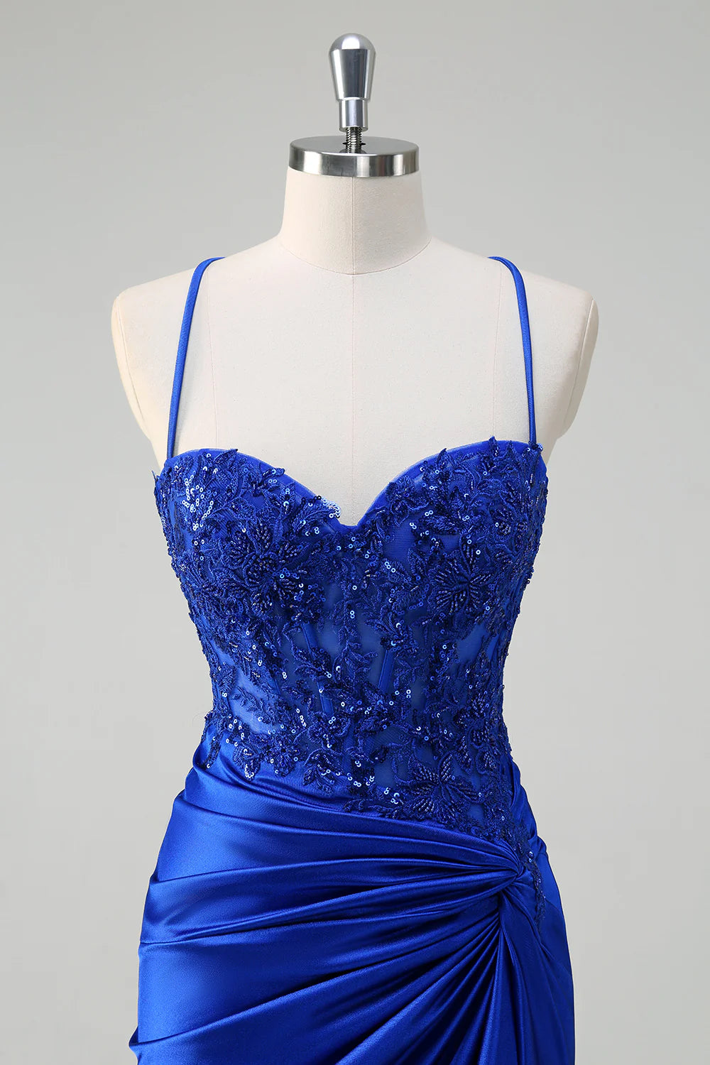 Royal Blue Pleated Applique Lace-Up Mermaid Spaghetti Straps Prom Dress With High Slit