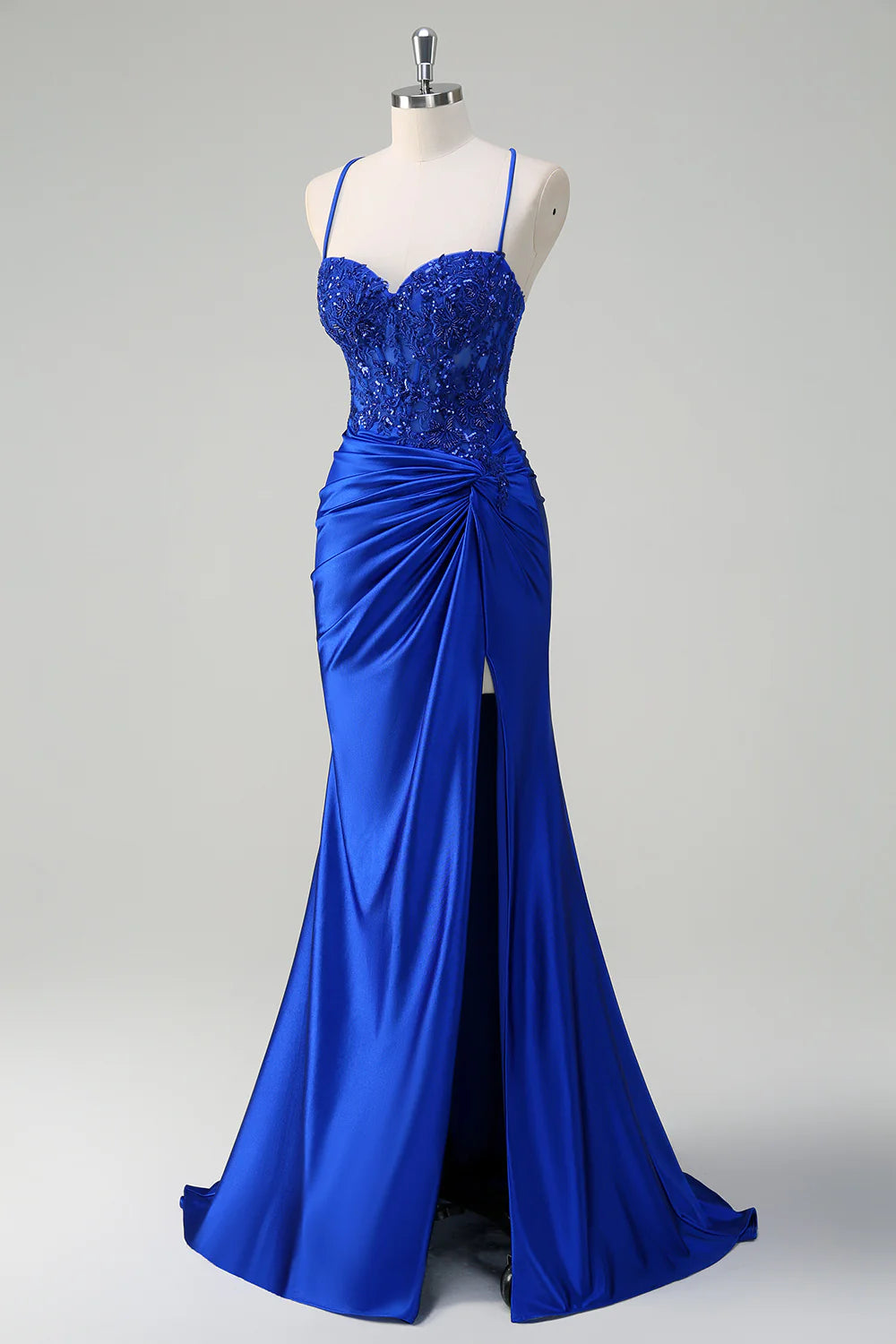 Royal Blue Pleated Applique Lace-Up Mermaid Spaghetti Straps Prom Dress With High Slit