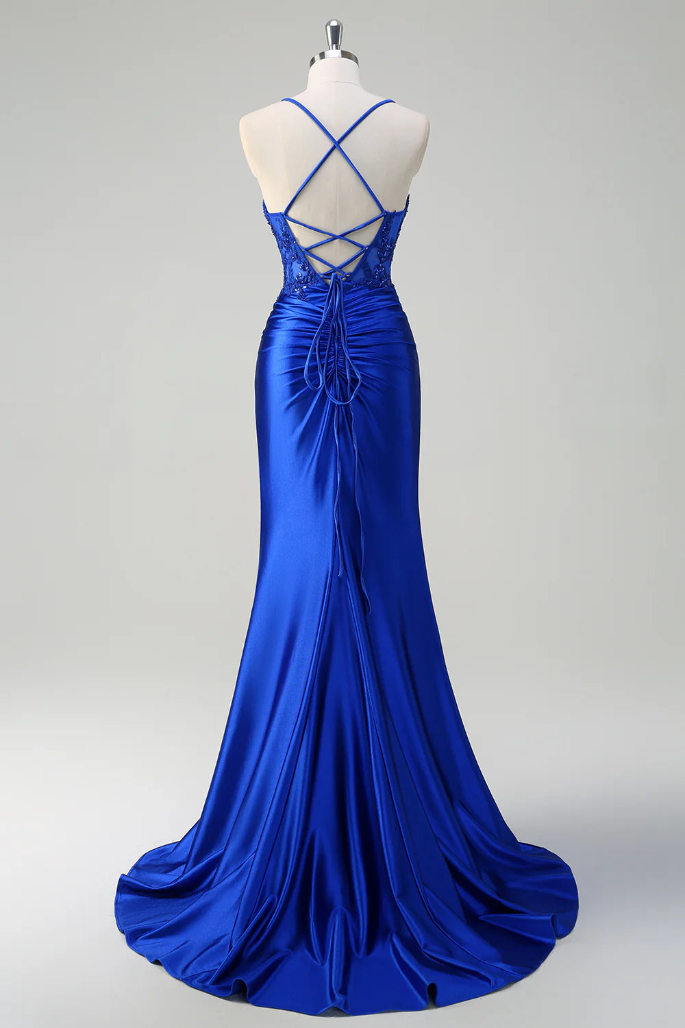 Royal Blue Pleated Applique Lace-Up Mermaid Spaghetti Straps Prom Dress With High Slit