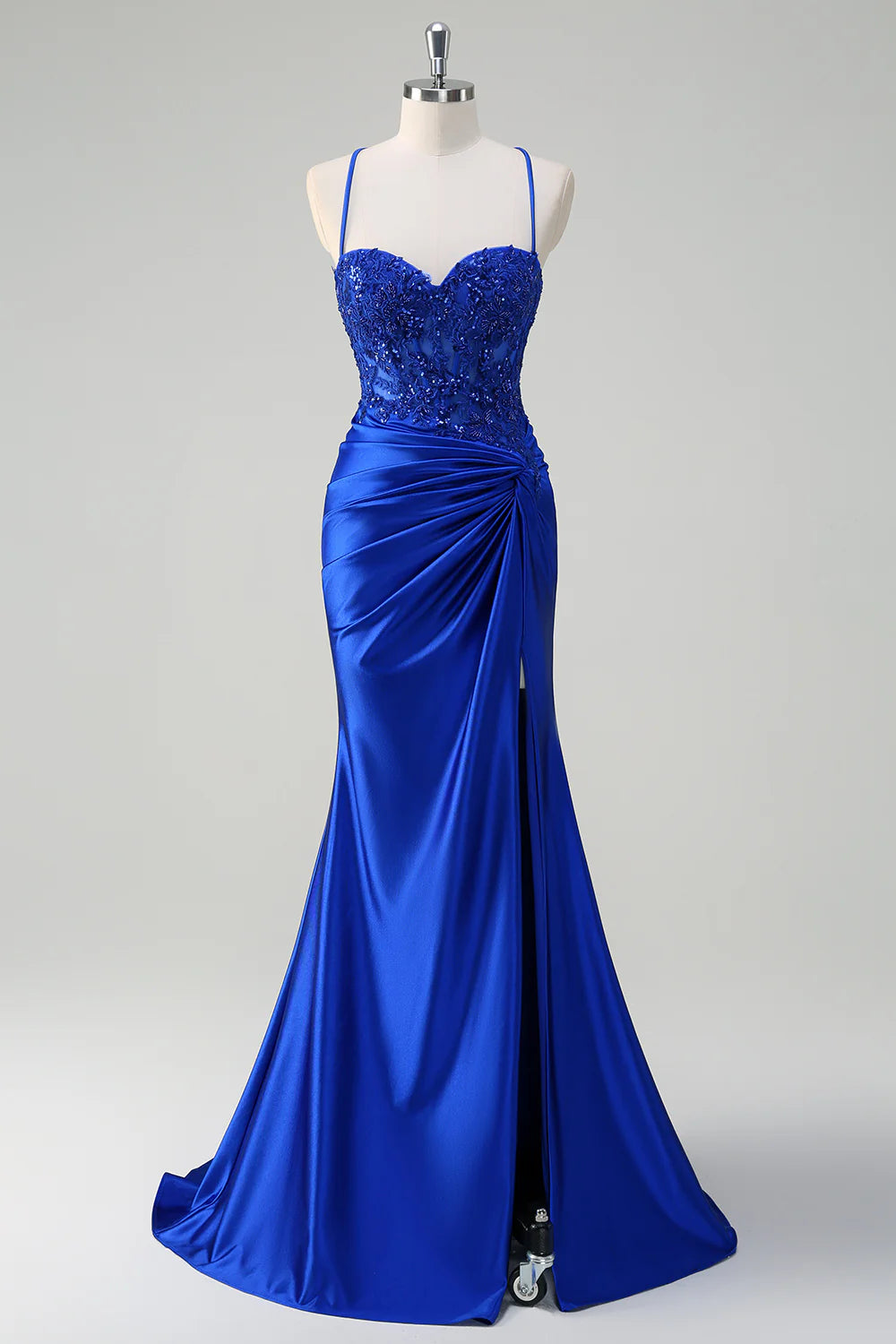 Royal Blue Pleated Applique Lace-Up Mermaid Spaghetti Straps Prom Dress With High Slit