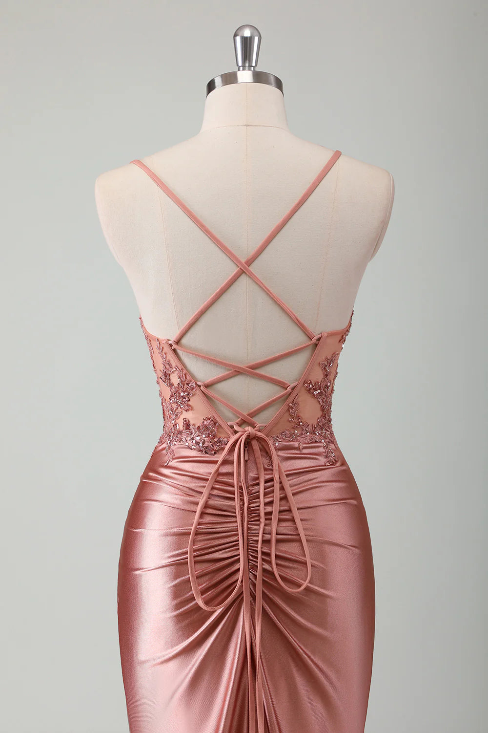 Royal Blue Pleated Applique Lace-Up Mermaid Spaghetti Straps Prom Dress With High Slit