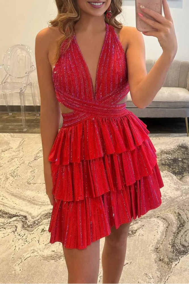 Royal Blue Satin Halter V Neck A Line Cut Out Tiered Short Homecoming Dress With Beading