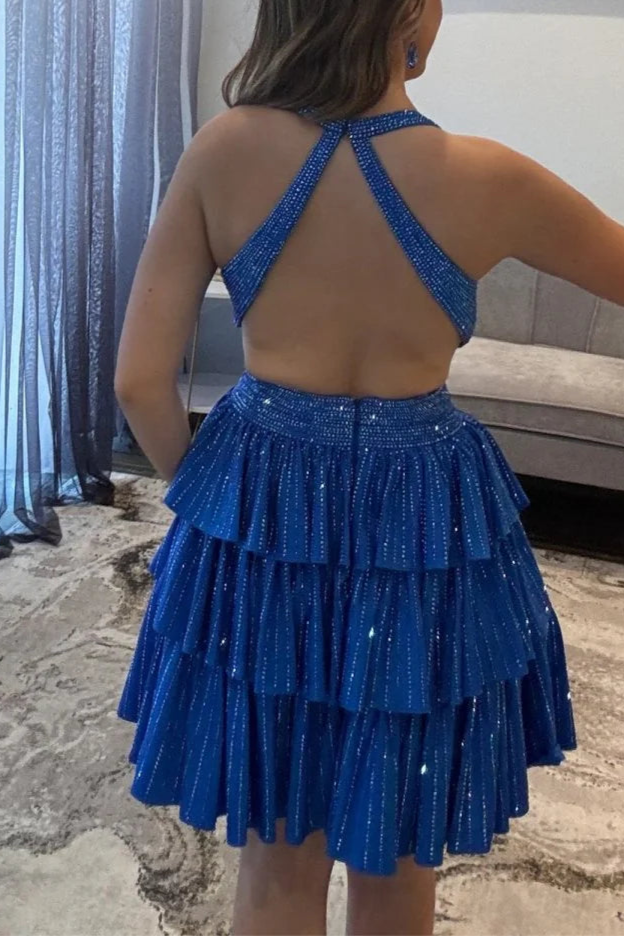Royal Blue Satin Halter V Neck A Line Cut Out Tiered Short Homecoming Dress With Beading