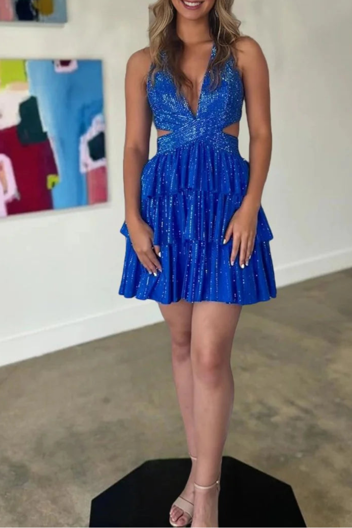 Royal Blue Satin Halter V Neck A Line Cut Out Tiered Short Homecoming Dress With Beading