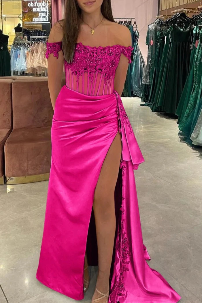 Royal Blue Satin Lace Beaded Off the Shoulder Pleated High Slit Evening Dress With Appliques