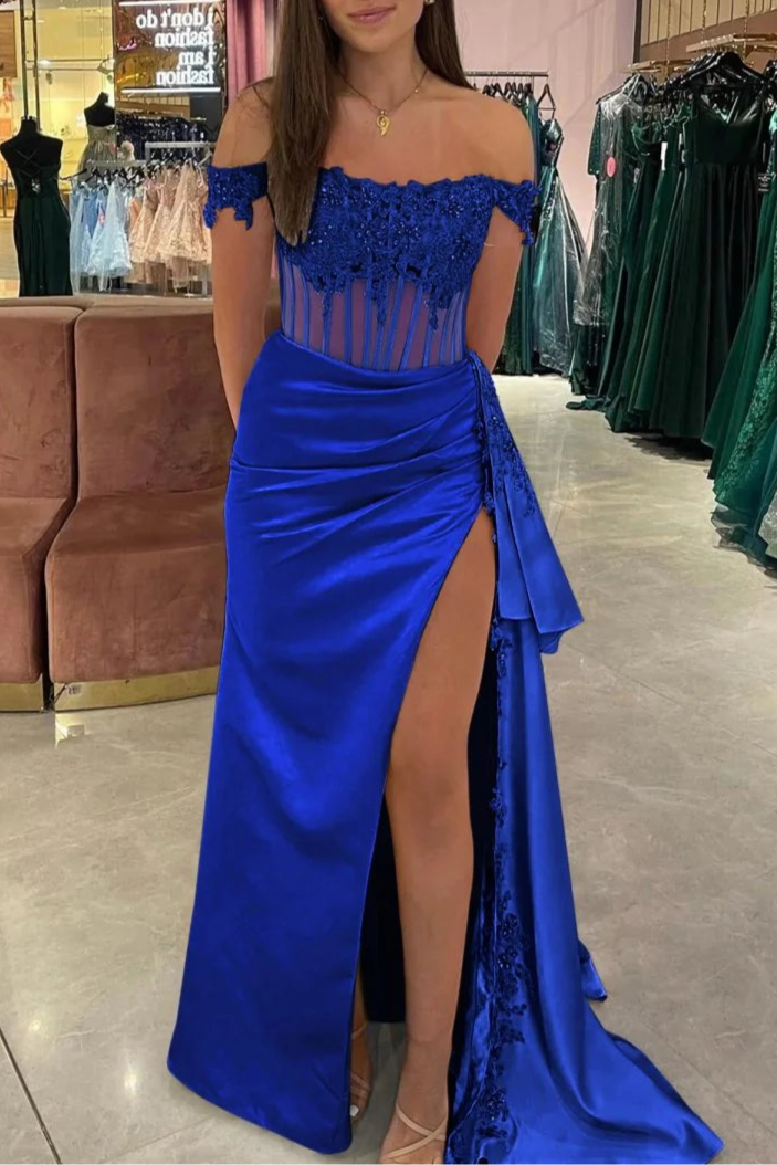 Royal Blue Satin Lace Beaded Off the Shoulder Pleated High Slit Evening Dress With Appliques