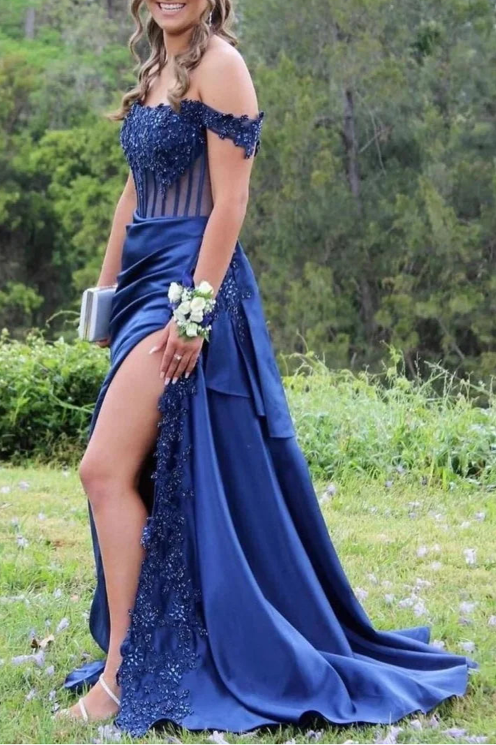 Royal Blue Satin Lace Beaded Off the Shoulder Pleated High Slit Evening Dress With Appliques