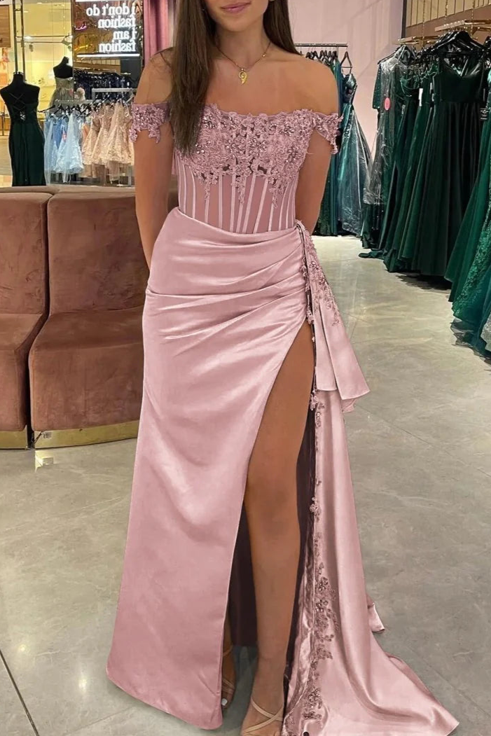 Royal Blue Satin Lace Beaded Off the Shoulder Pleated High Slit Evening Dress With Appliques