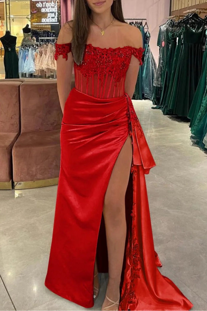 Royal Blue Satin Lace Beaded Off the Shoulder Pleated High Slit Evening Dress With Appliques