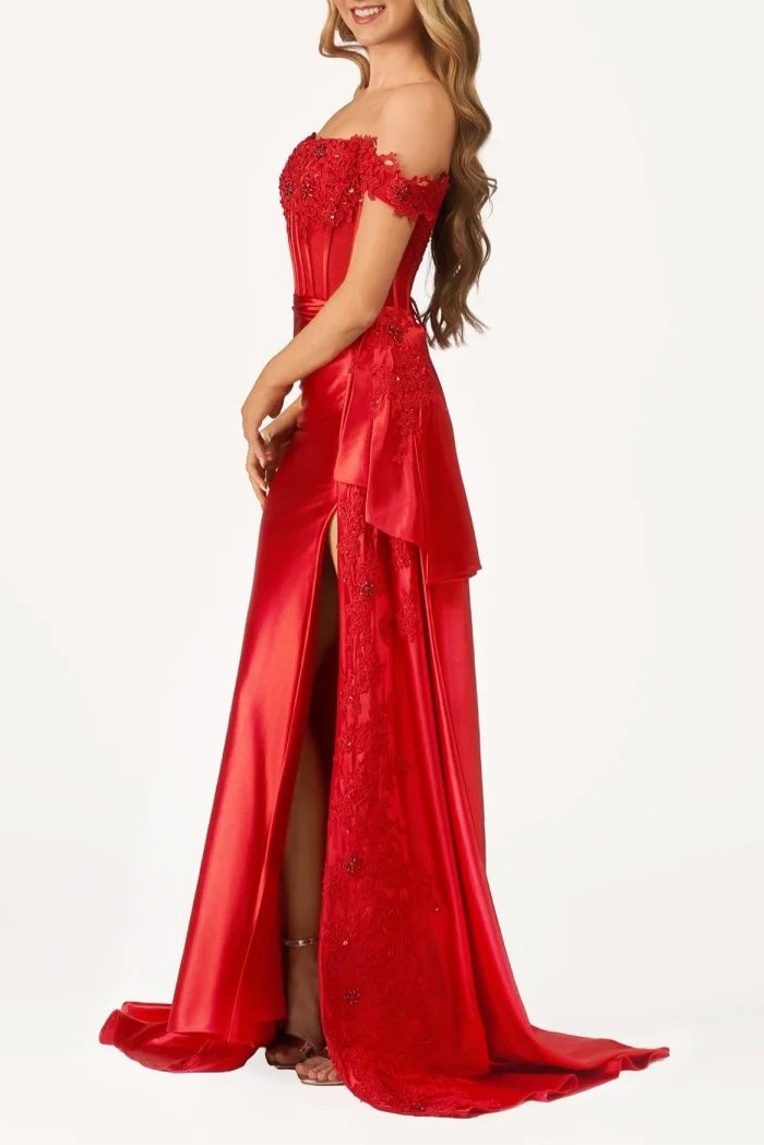 Royal Blue Satin Lace Beaded Off the Shoulder Pleated High Slit Evening Dress With Appliques