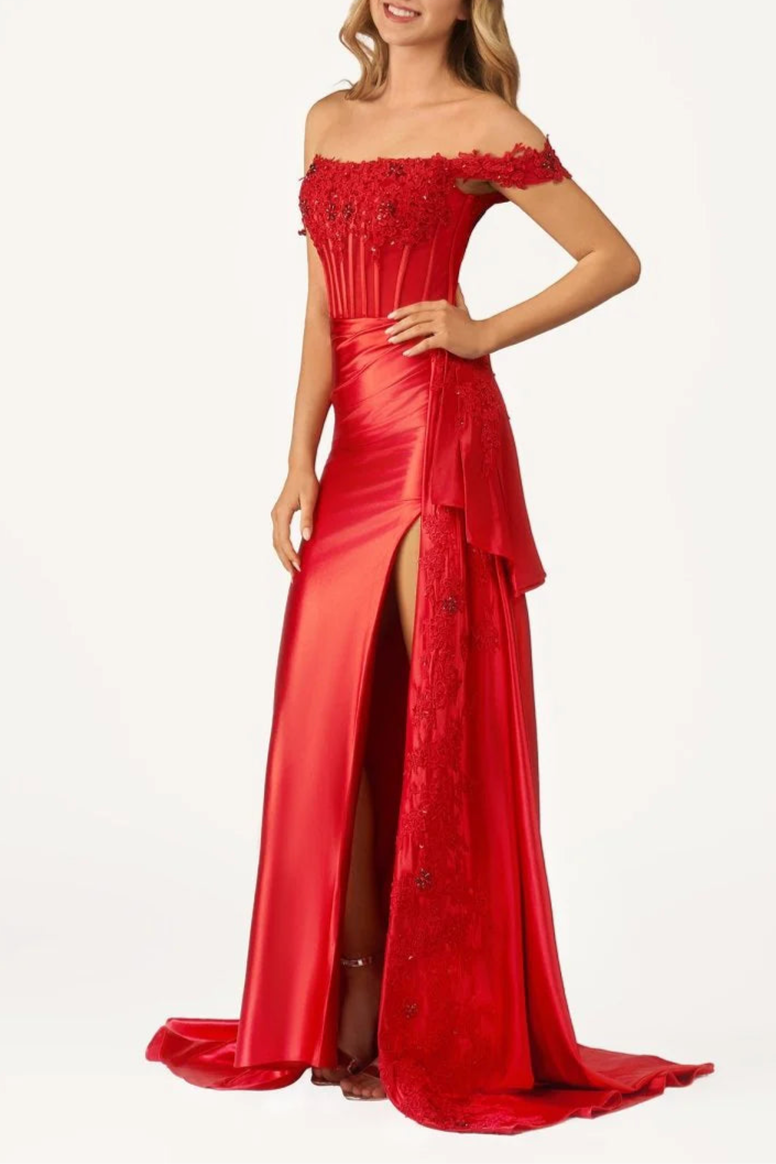 Royal Blue Satin Lace Beaded Off the Shoulder Pleated High Slit Evening Dress With Appliques