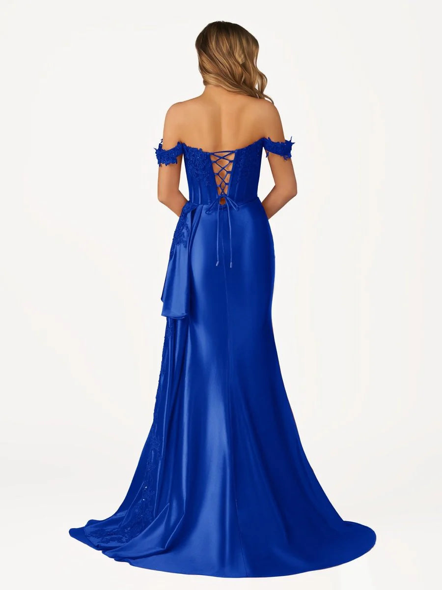 Royal Blue Satin Lace Beaded Off the Shoulder Pleated High Slit Evening Dress With Appliques