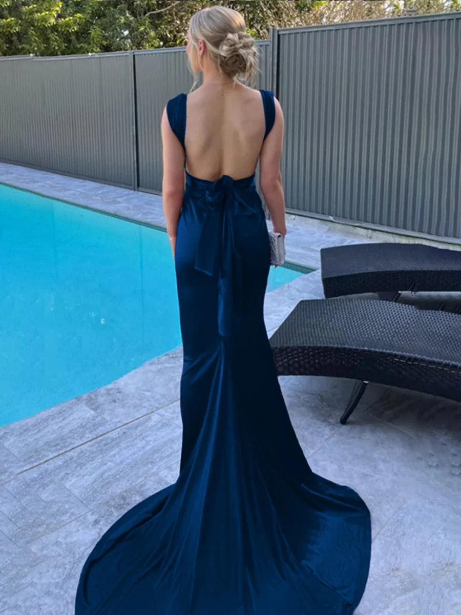Royal Blue Satin Low Collar Straps Mermaid Open Back Pleated Long Prom Dress With Sweep Train