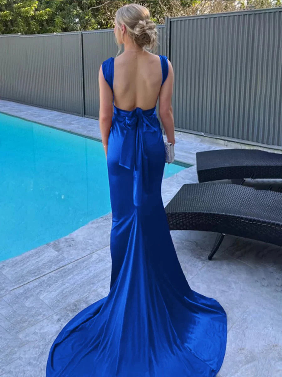 Royal Blue Satin Low Collar Straps Mermaid Open Back Pleated Long Prom Dress With Sweep Train