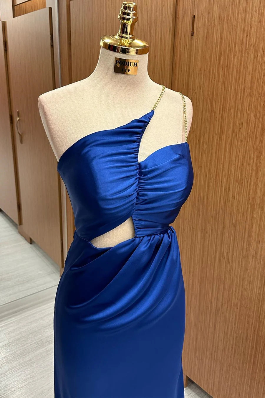 Royal Blue Satin One-shoulder Chain Straps Asymmetrical Cutout Maxi Dress