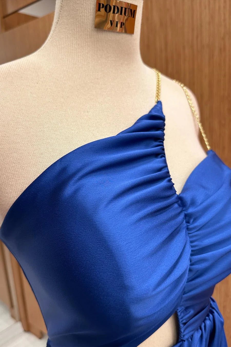 Royal Blue Satin One-shoulder Chain Straps Asymmetrical Cutout Maxi Dress