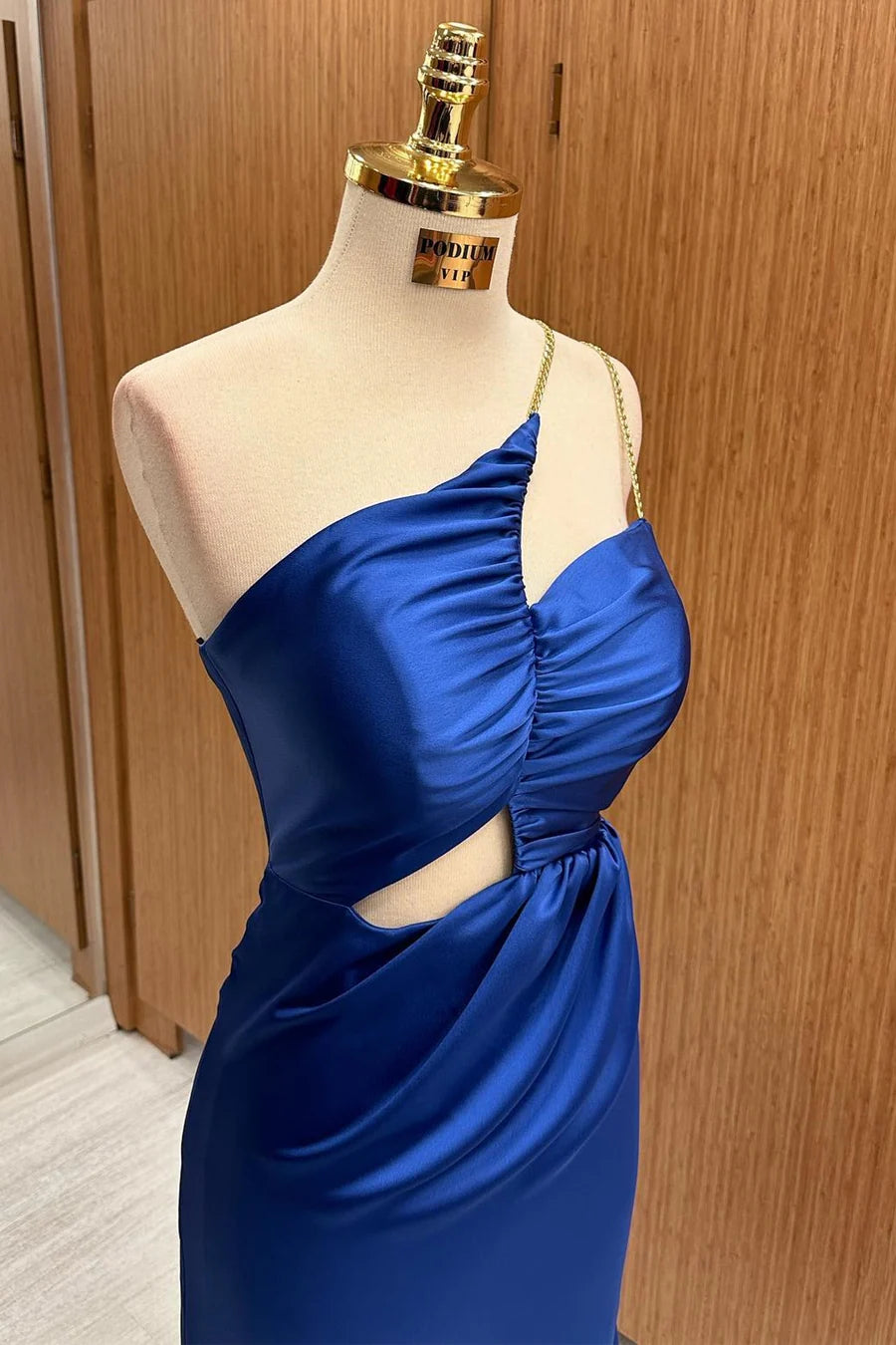 Royal Blue Satin One-shoulder Chain Straps Asymmetrical Cutout Maxi Dress