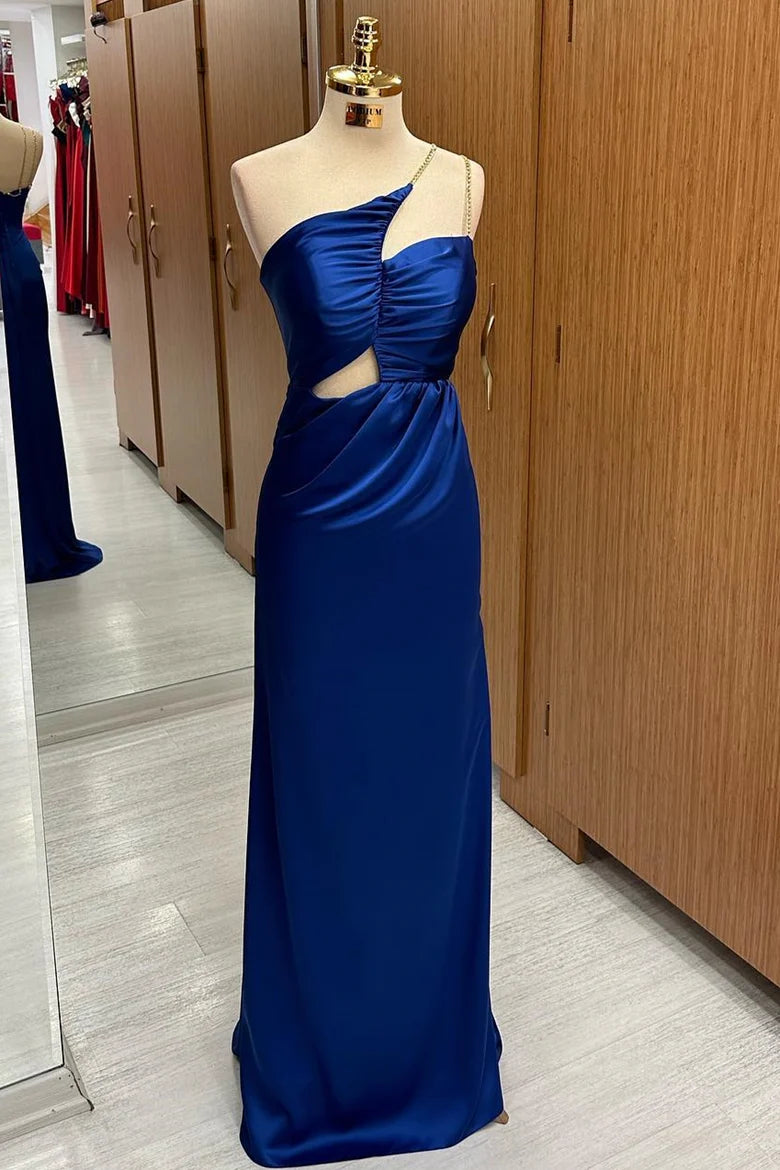 Royal Blue Satin One-shoulder Chain Straps Asymmetrical Cutout Maxi Dress