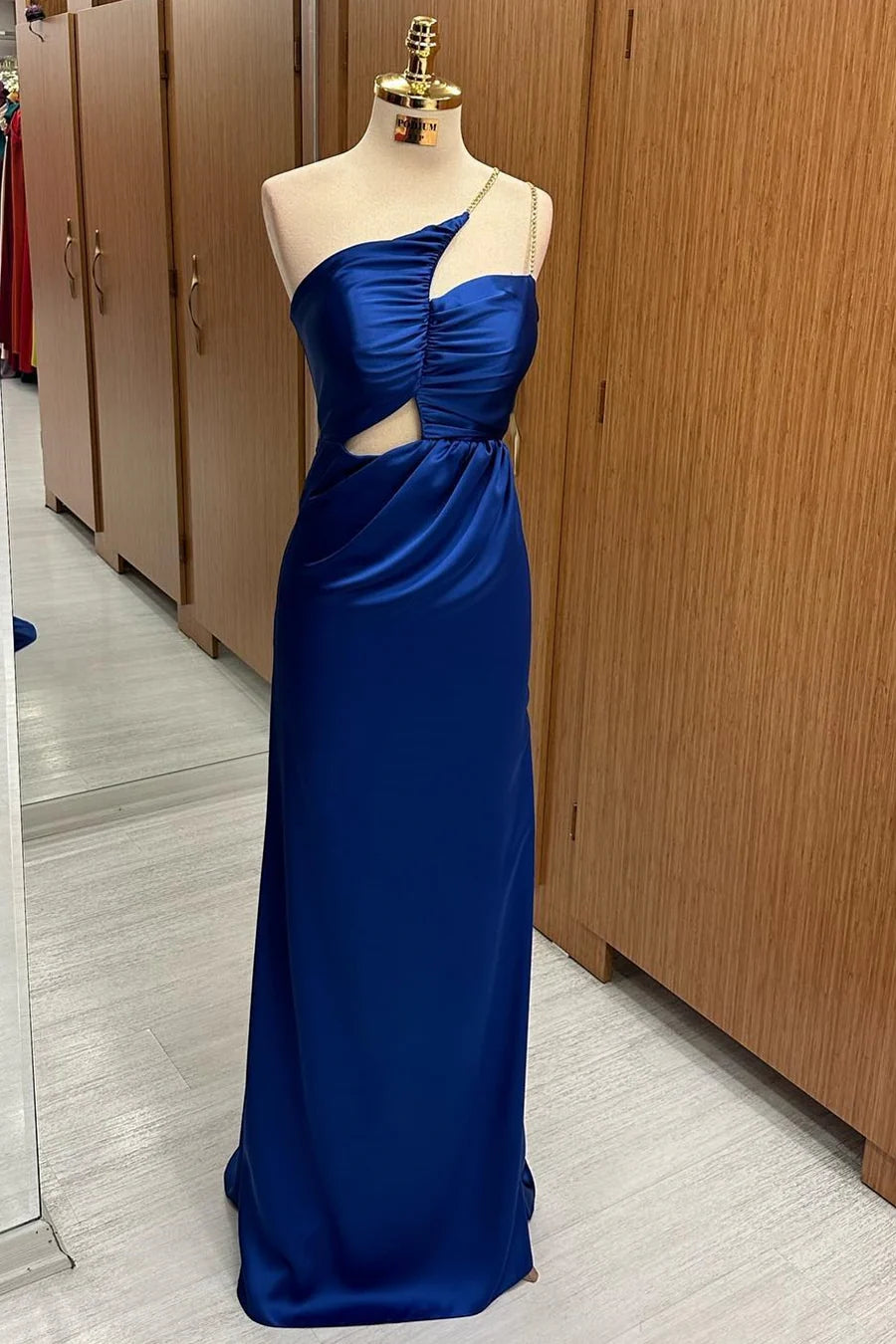 Royal Blue Satin One-shoulder Chain Straps Asymmetrical Cutout Maxi Dress