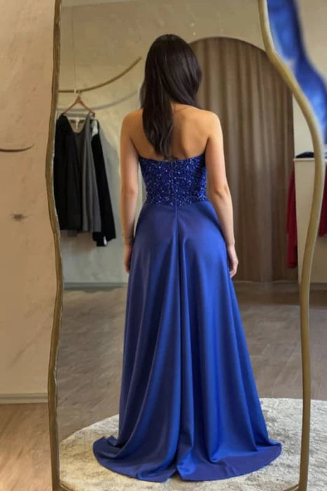 Royal Blue Satin Sequins Sweetheart Sheath Strapless Long Prom Dress Ruffle Side High Split Dress