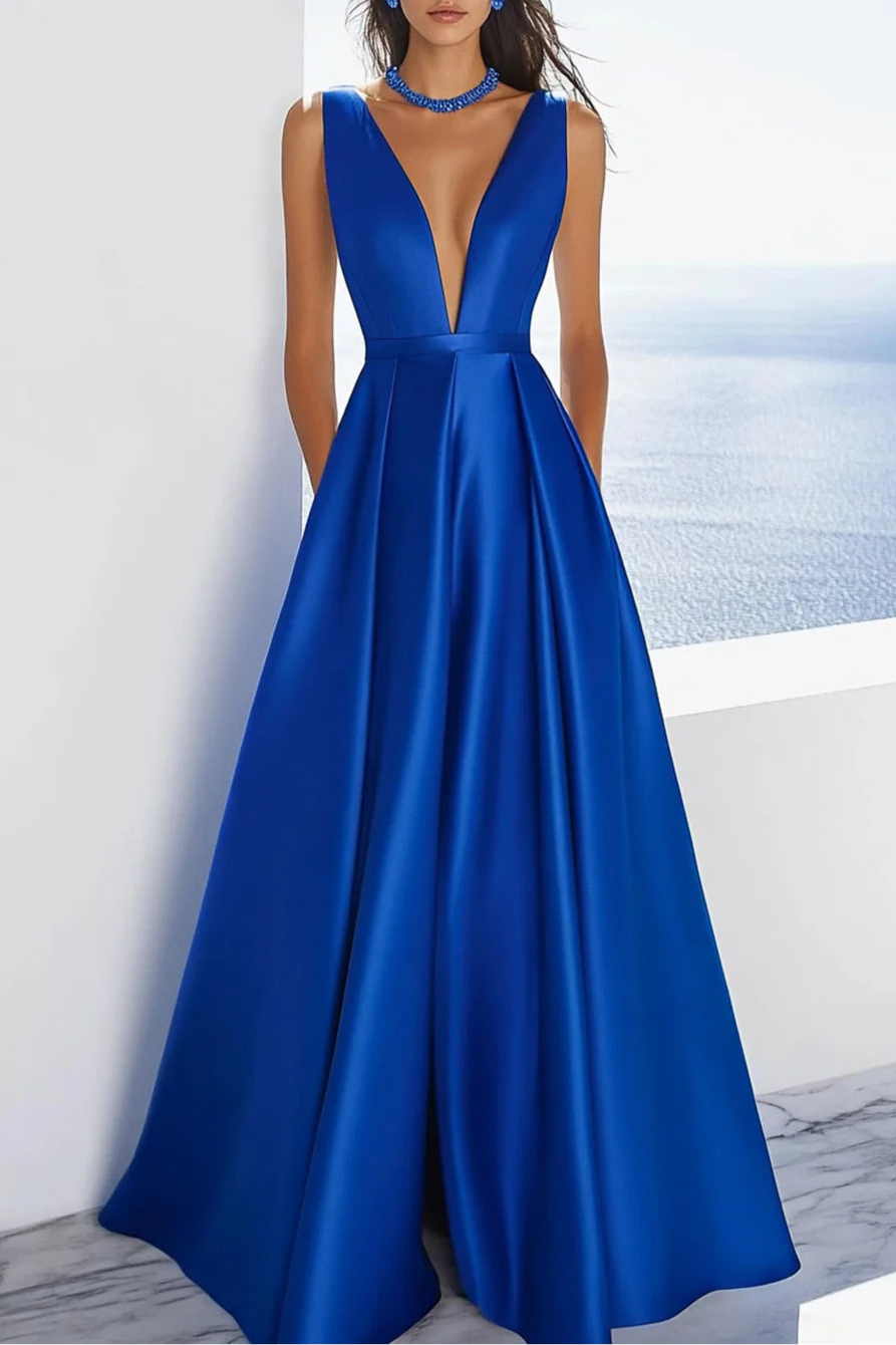 Royal Blue Satin Sleeveless Deep V-Neck A Line Full Length Formal Dress Royal Blue Evening Dress