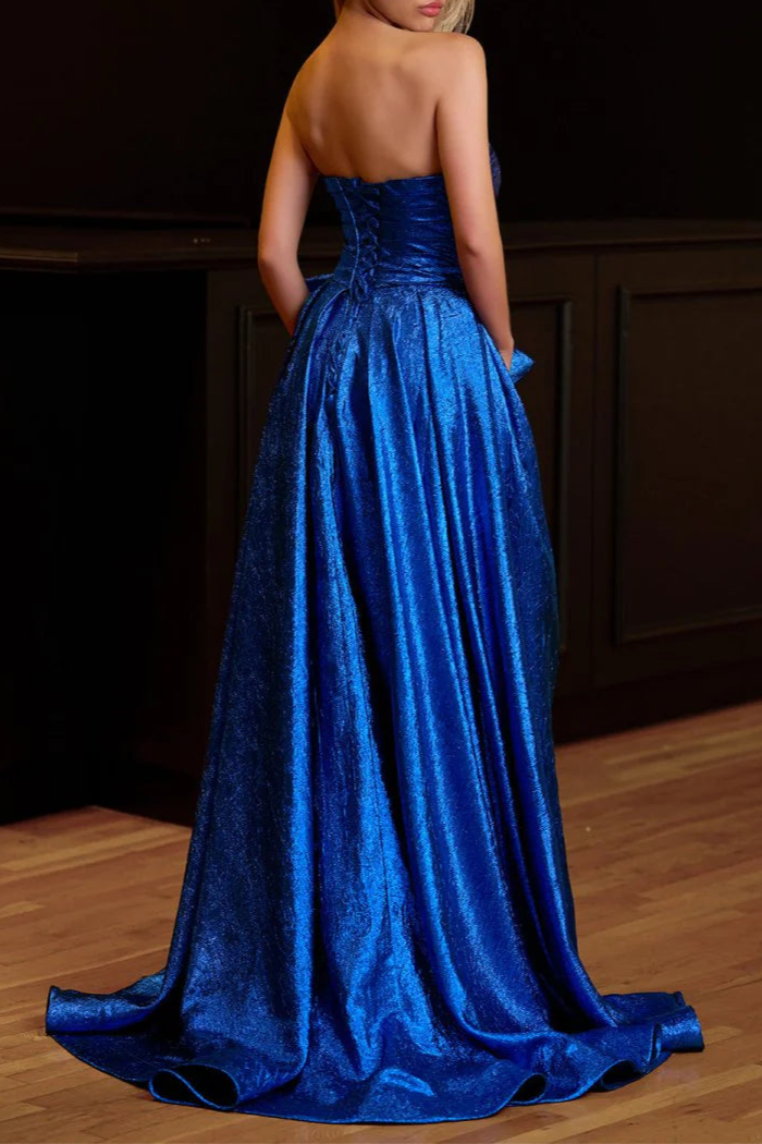 Royal Blue Strapless A-Line Lace Up Back Floor Length Long Prom Dress Homecoming Dresses With Bow