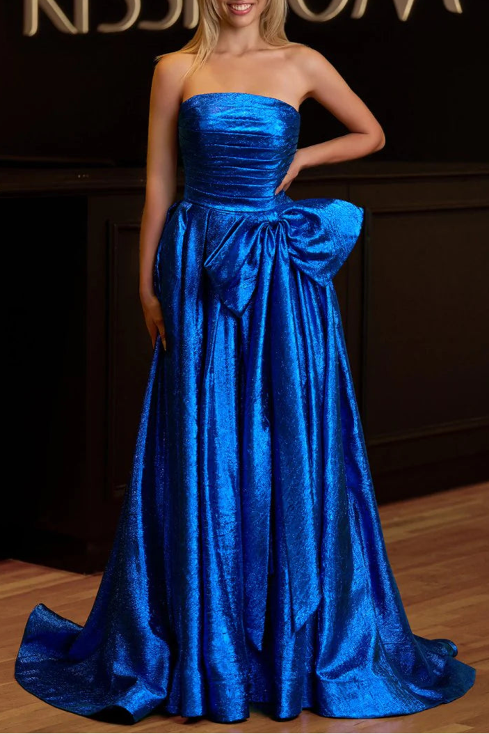 Royal Blue Strapless A-Line Lace Up Back Floor Length Long Prom Dress Homecoming Dresses With Bow