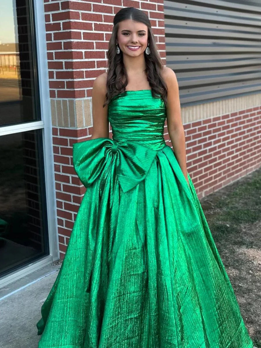 Royal Blue Strapless A-Line Lace Up Back Floor Length Long Prom Dress Homecoming Dresses With Bow